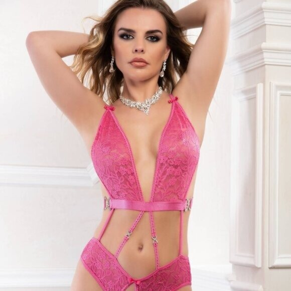 G World Intimates OH2402 Raspberry Rose Lace Teddy Open Crotch One Size Lingerie - Picture 1 of 8